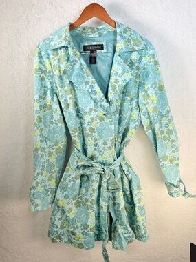 Lane Bryant Floral Belted Trench Coat Aqua Blue Size 14/16 Cotton blend